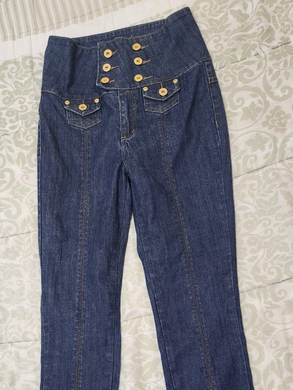 High Waisted Dark Denim Skinny Jeans Gold Button Front ZD Jeans Size 7